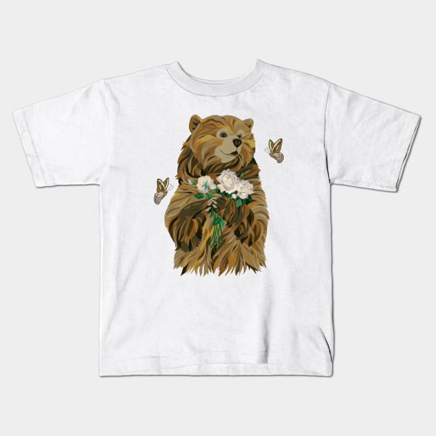Bear with Flowers and Butterflies Kids T-Shirt by Golden Section